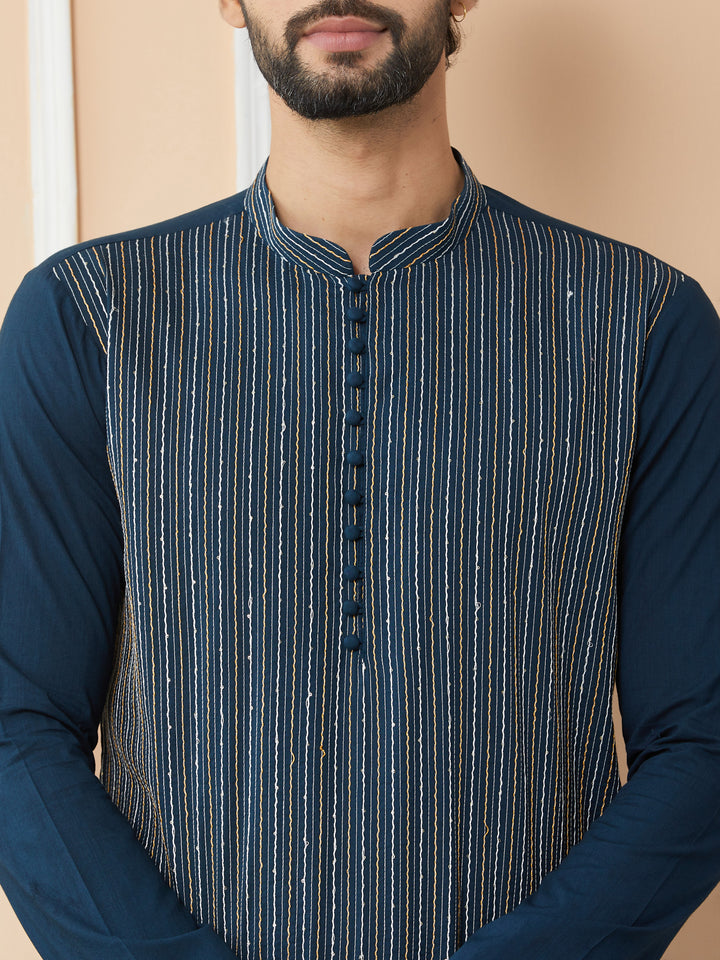 Dark Blue Thread & Sequin Worked Pure Cotton Straight Kurta