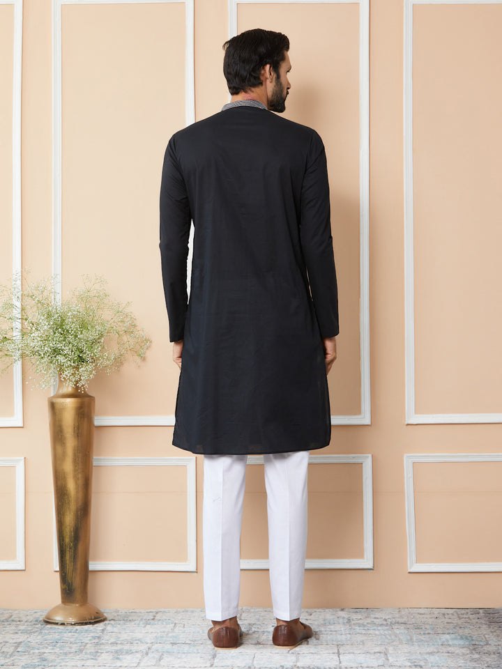 Black Thread & Sequin Worked Pure Cotton Straight Kurta with Pyjama