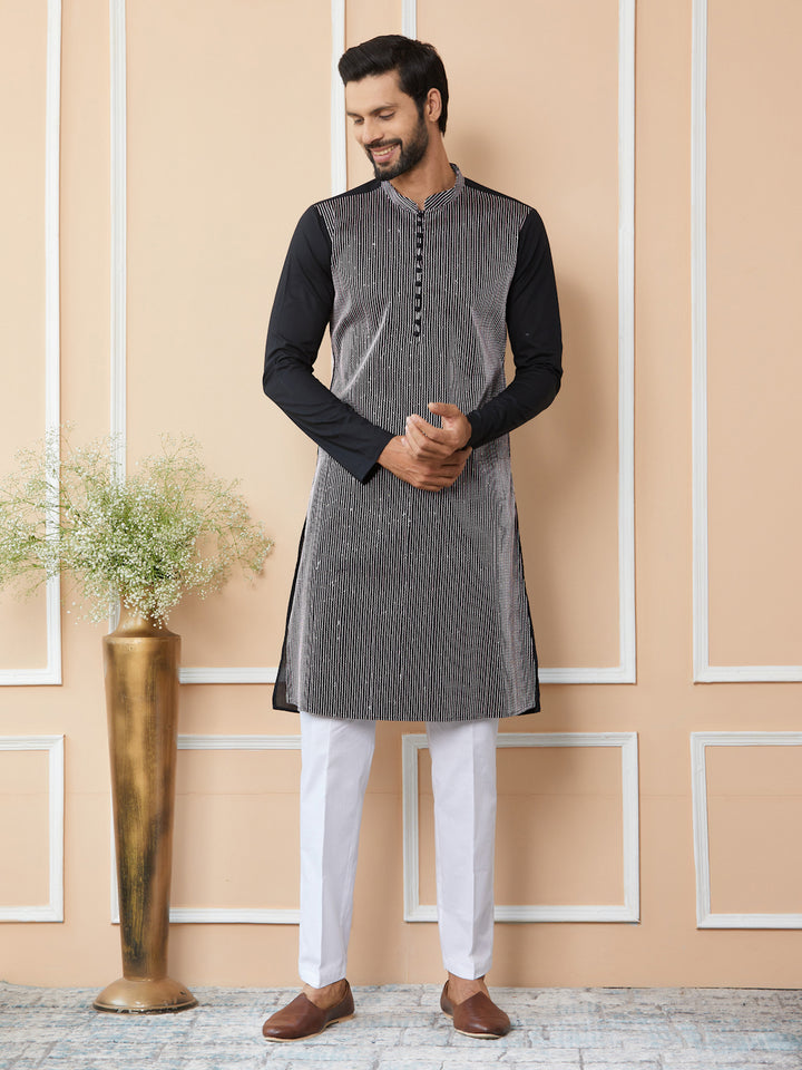 Black Thread & Sequin Worked Pure Cotton Straight Kurta