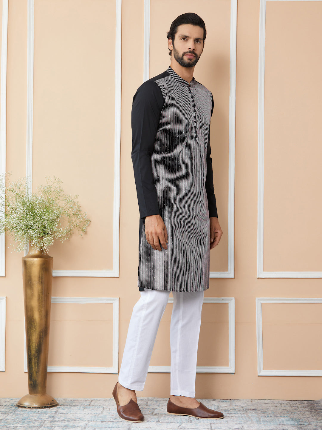 Black Thread & Sequin Worked Pure Cotton Straight Kurta