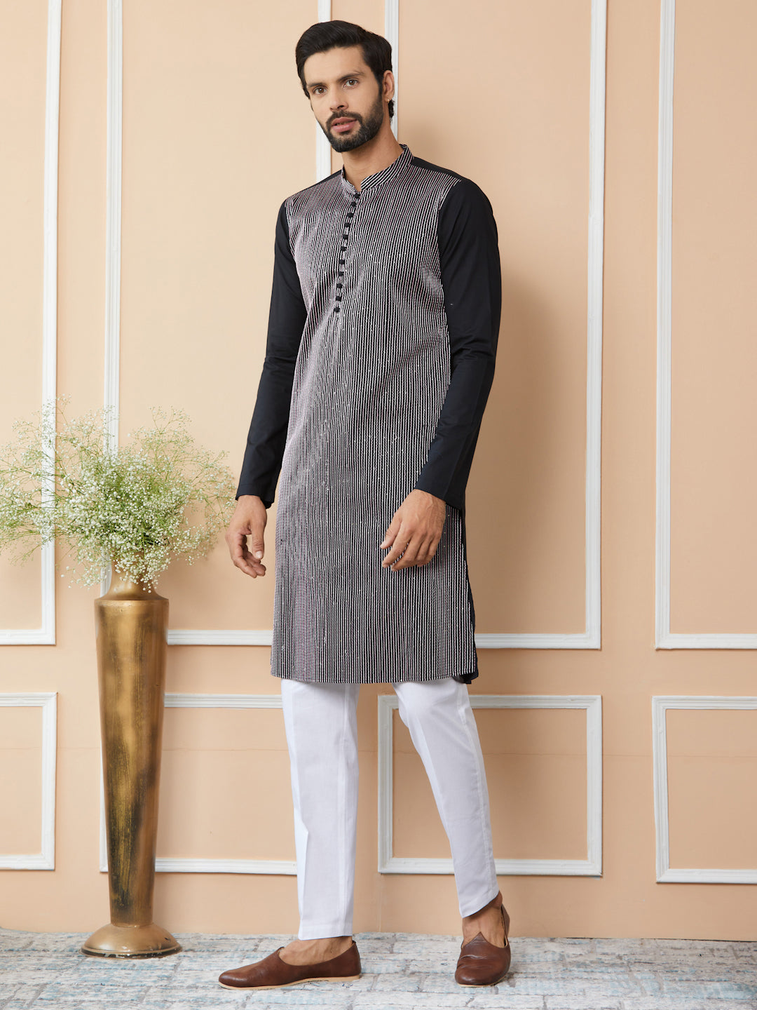 Black Thread & Sequin Worked Pure Cotton Straight Kurta