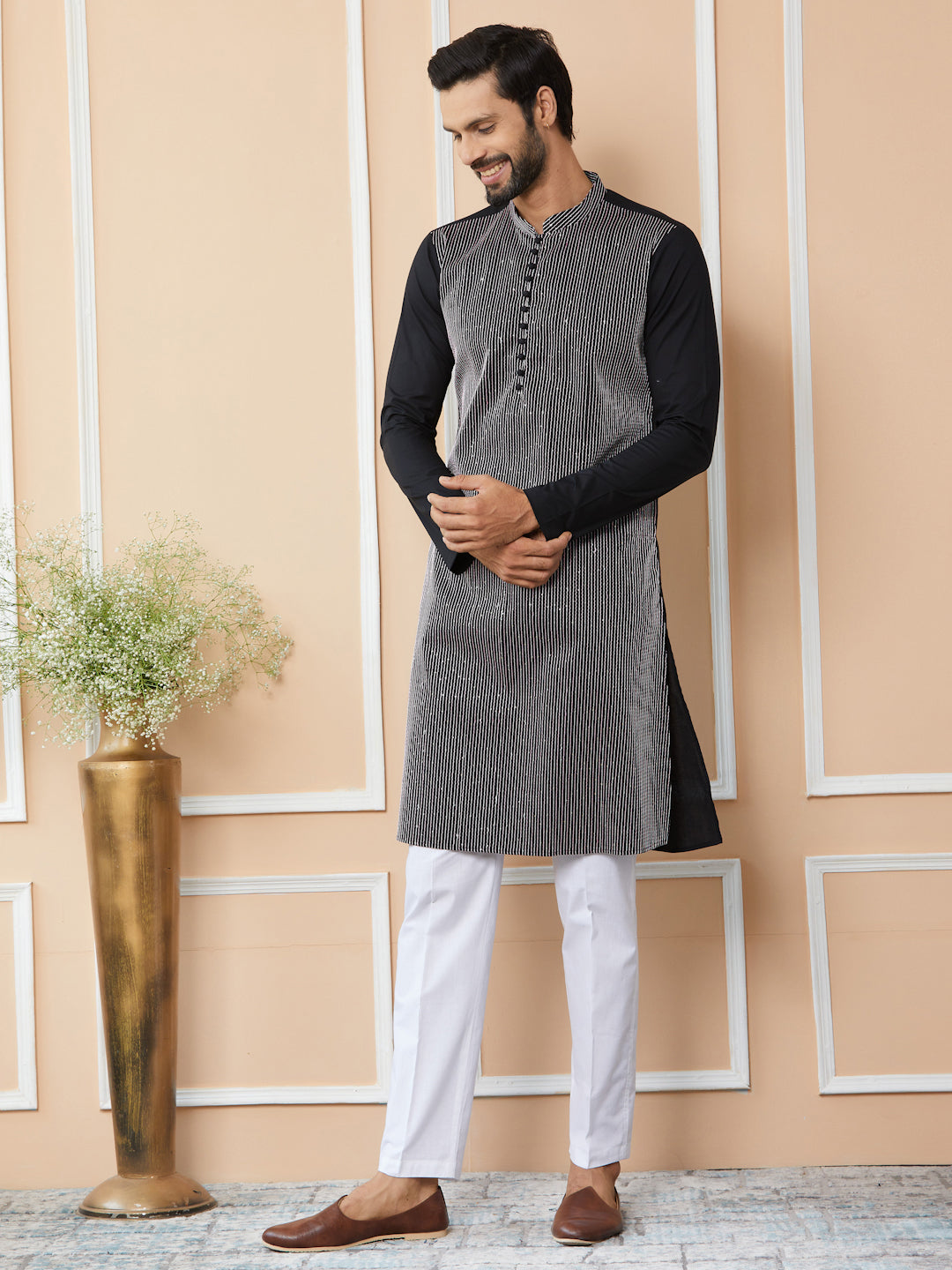 Black Thread & Sequin Worked Pure Cotton Straight Kurta