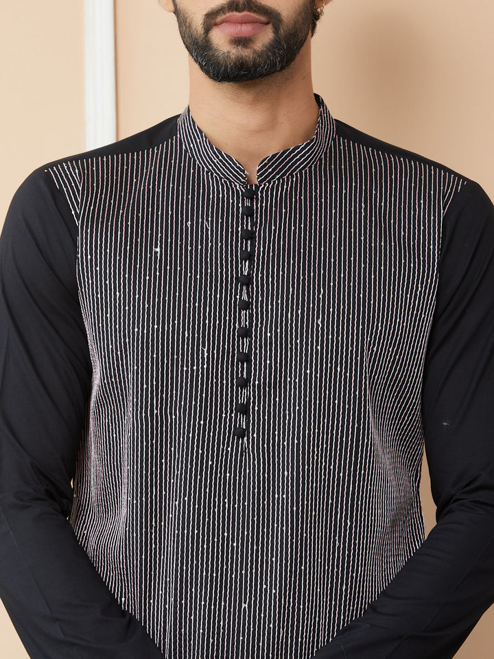 Black Thread & Sequin Worked Pure Cotton Straight Kurta