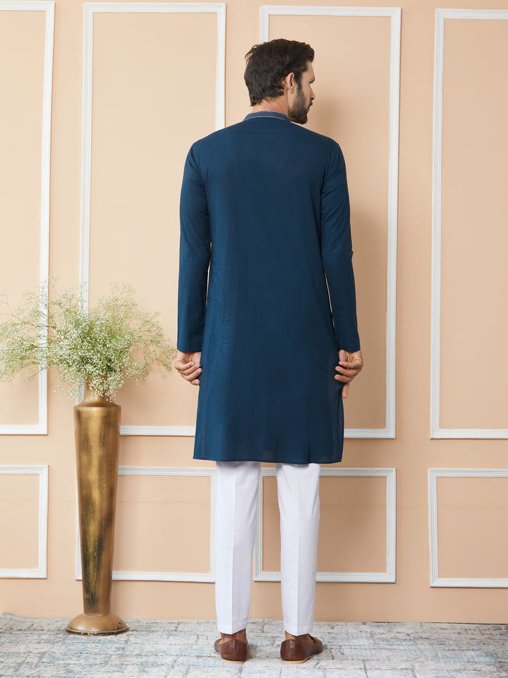 Dark Blue Thread & Sequin Worked Pure Cotton Straight Kurta