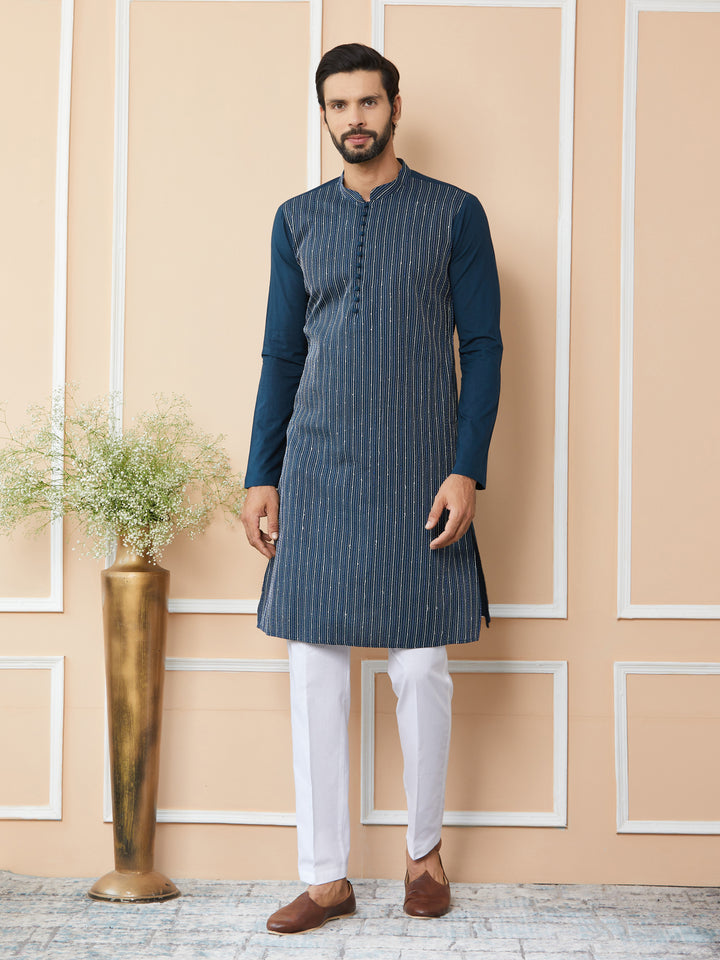 Dark Blue Thread & Sequin Worked Pure Cotton Straight Kurta