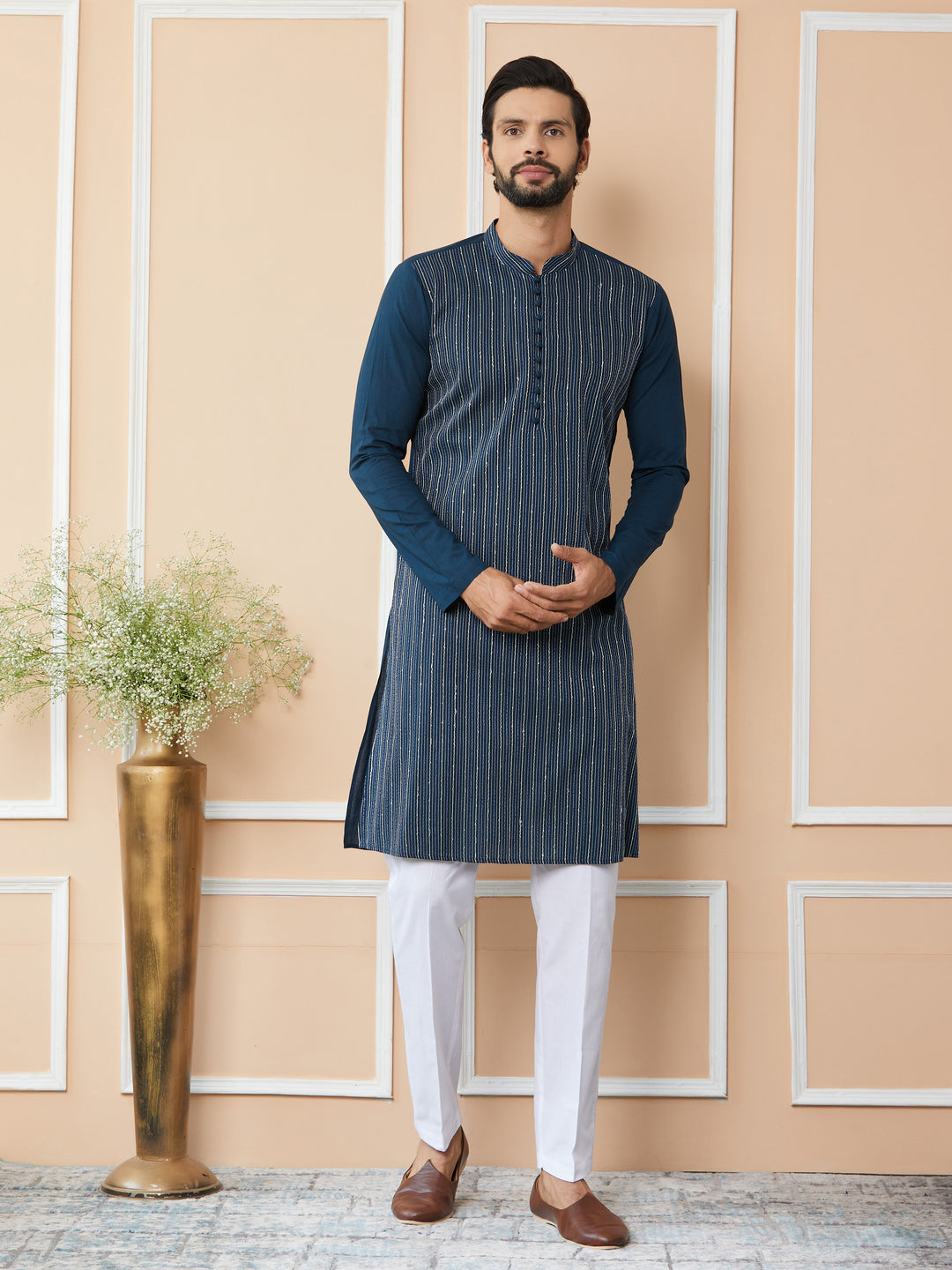 Dark Blue Thread & Sequin Worked Pure Cotton Straight Kurta