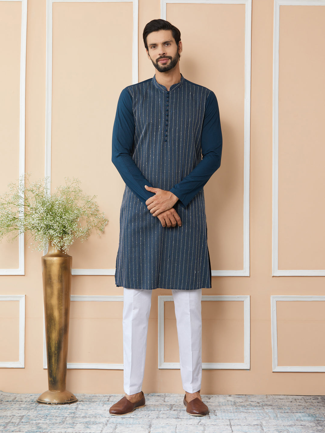 Dark Blue Thread & Sequin Worked Pure Cotton Straight Kurta