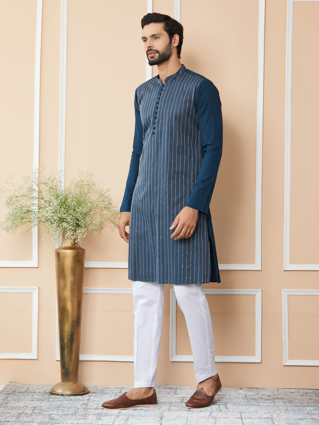 Dark Blue Thread & Sequin Worked Pure Cotton Straight Kurta