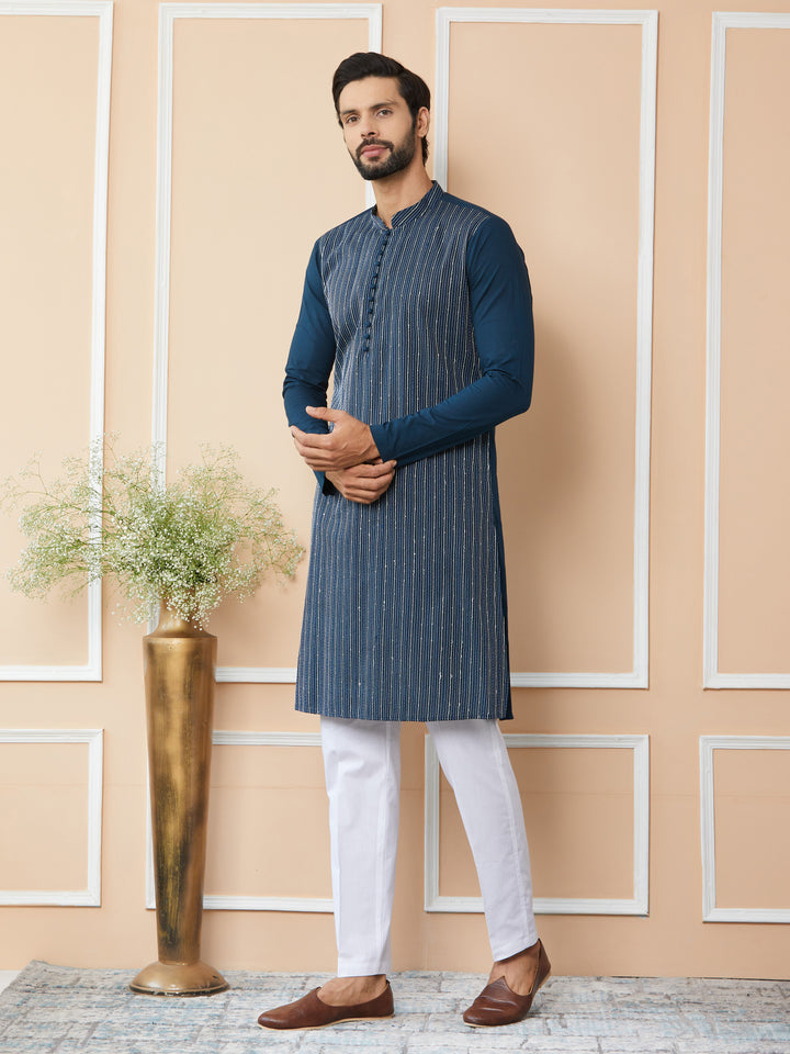 Dark Blue Thread & Sequin Worked Pure Cotton Straight Kurta