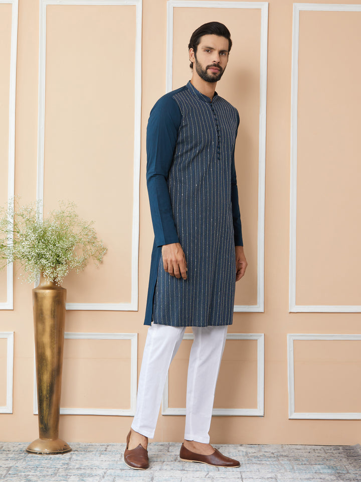 Dark Blue Thread & Sequin Worked Pure Cotton Straight Kurta