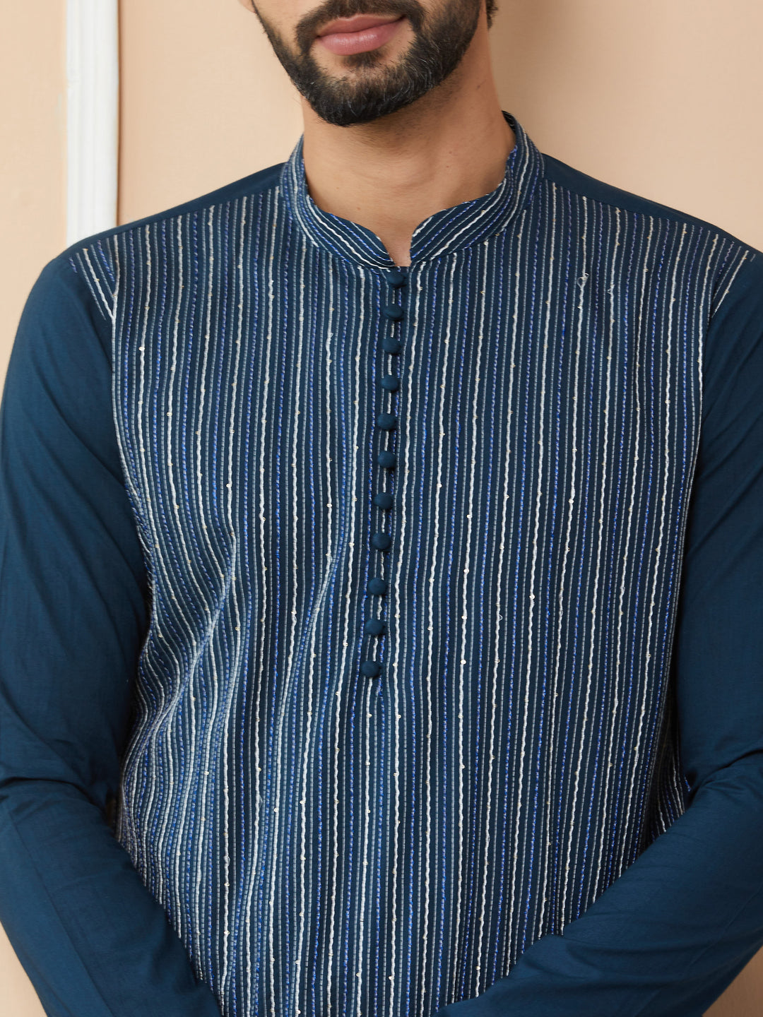 Dark Blue Thread & Sequin Worked Pure Cotton Straight Kurta