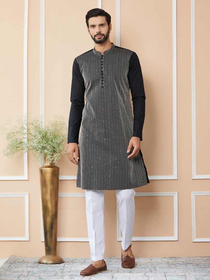 Black Thread & Sequin Worked Pure Cotton Straight Kurta