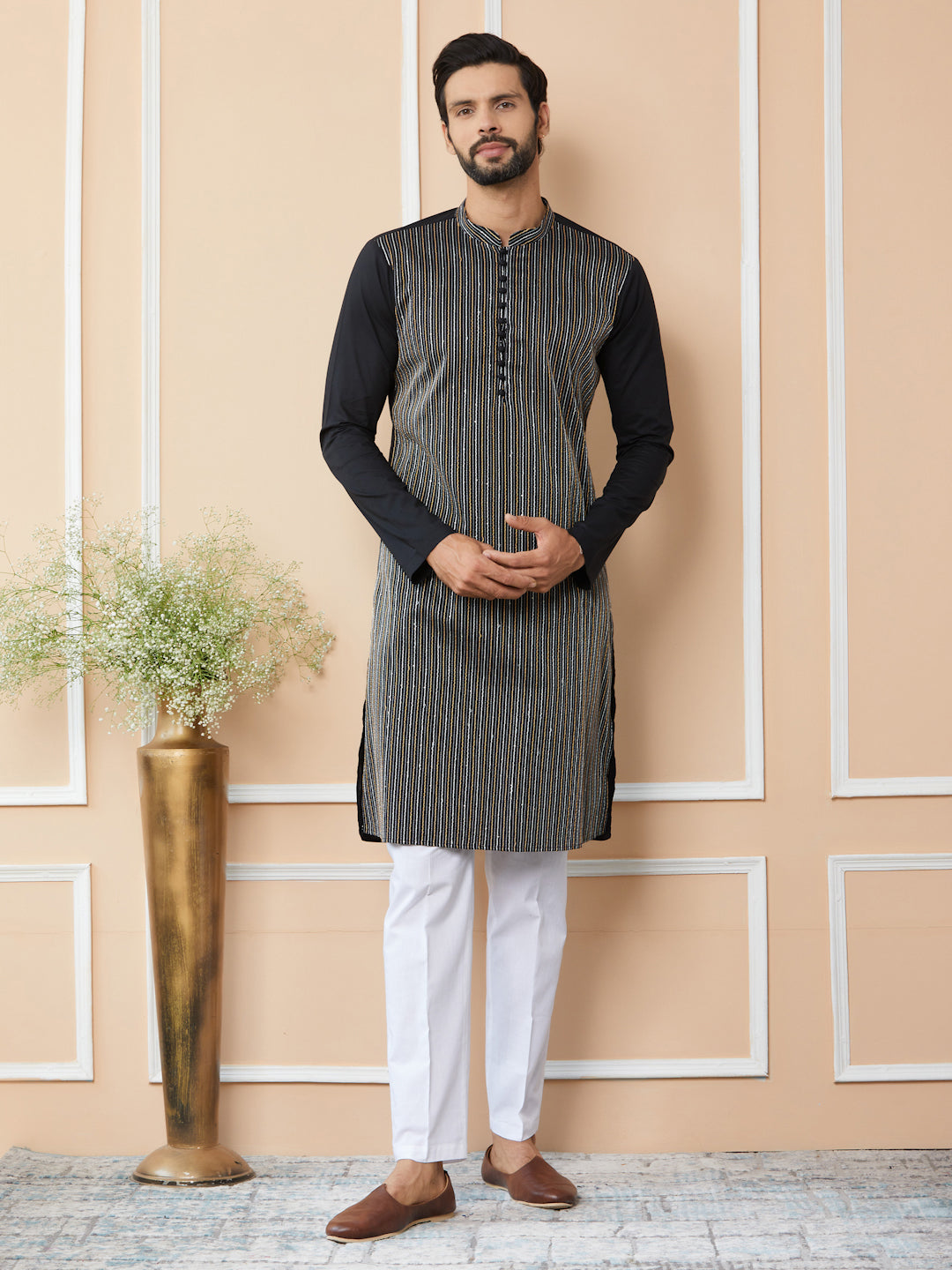 Black Thread & Sequin Worked Pure Cotton Straight Kurta