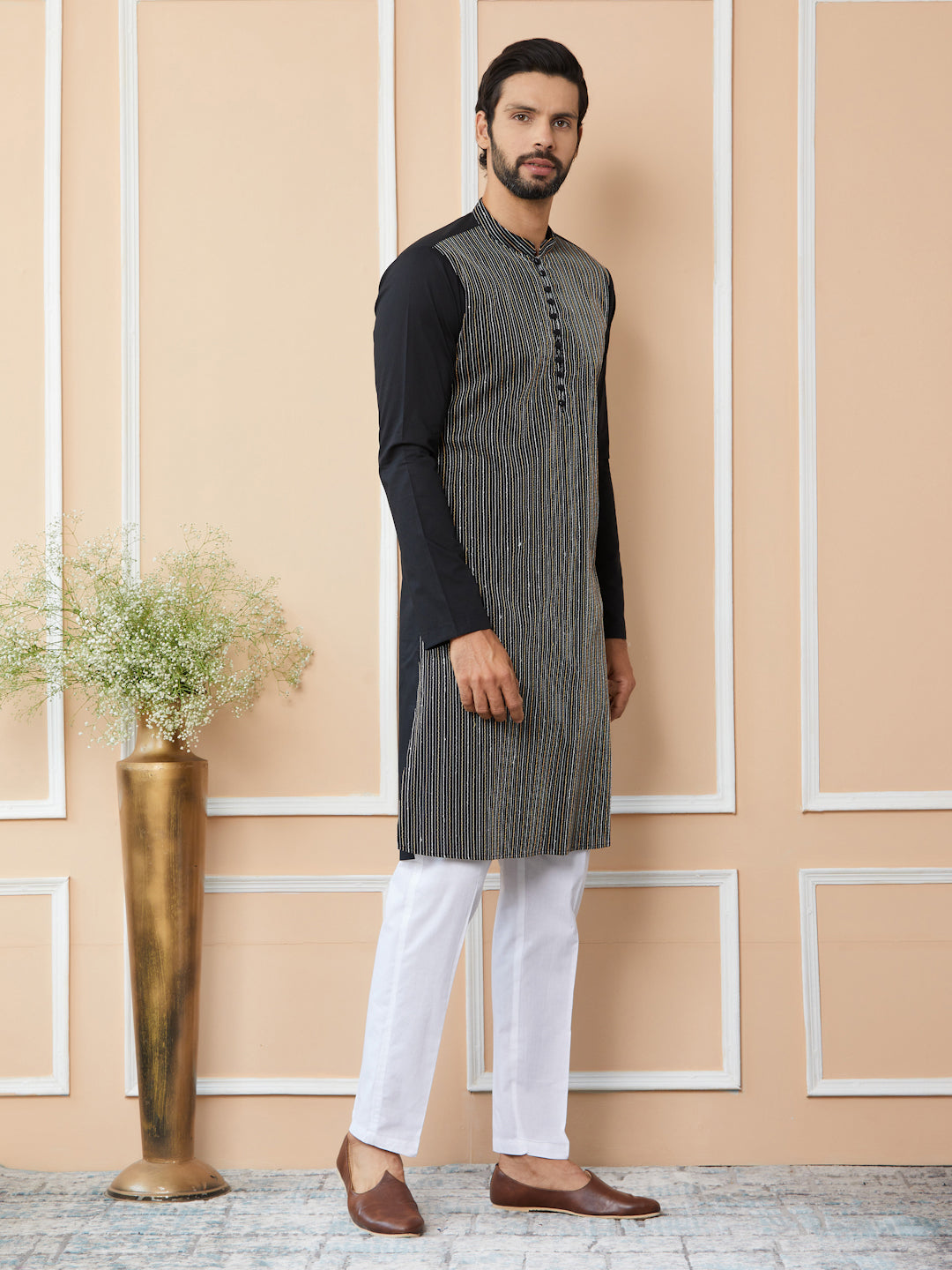 Black Thread & Sequin Worked Pure Cotton Straight Kurta