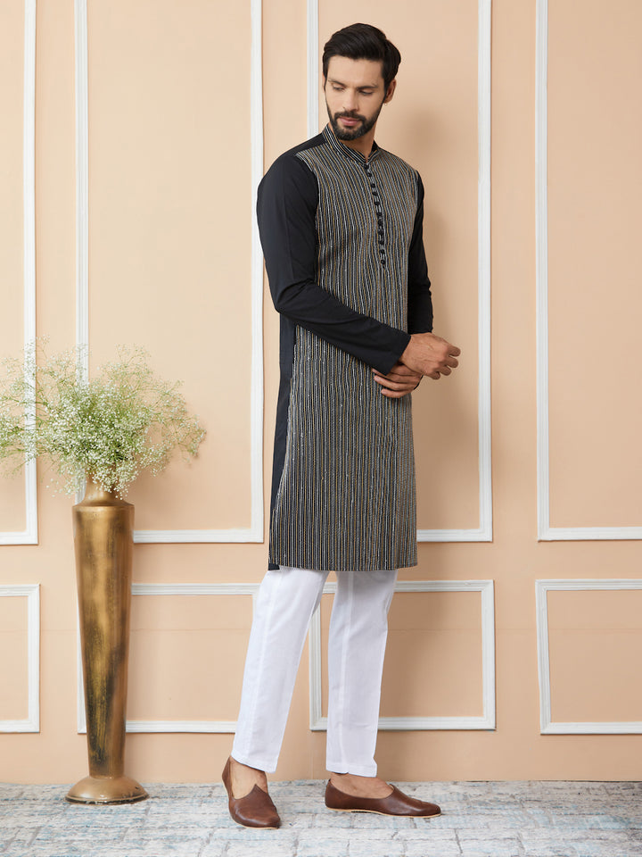 Black Thread & Sequin Worked Pure Cotton Straight Kurta