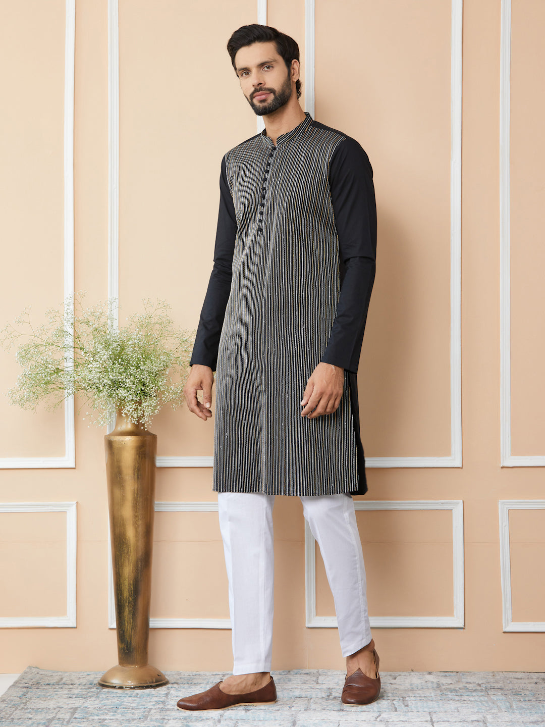 Black Thread & Sequin Worked Pure Cotton Straight Kurta