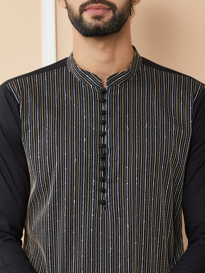 Black Thread & Sequin Worked Pure Cotton Straight Kurta