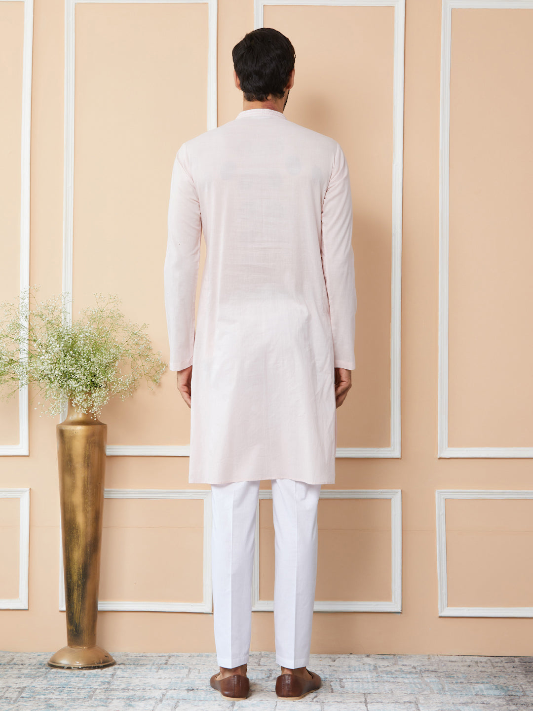 Light Pink Thread & Sequin Worked Pure Cotton Straight Kurta