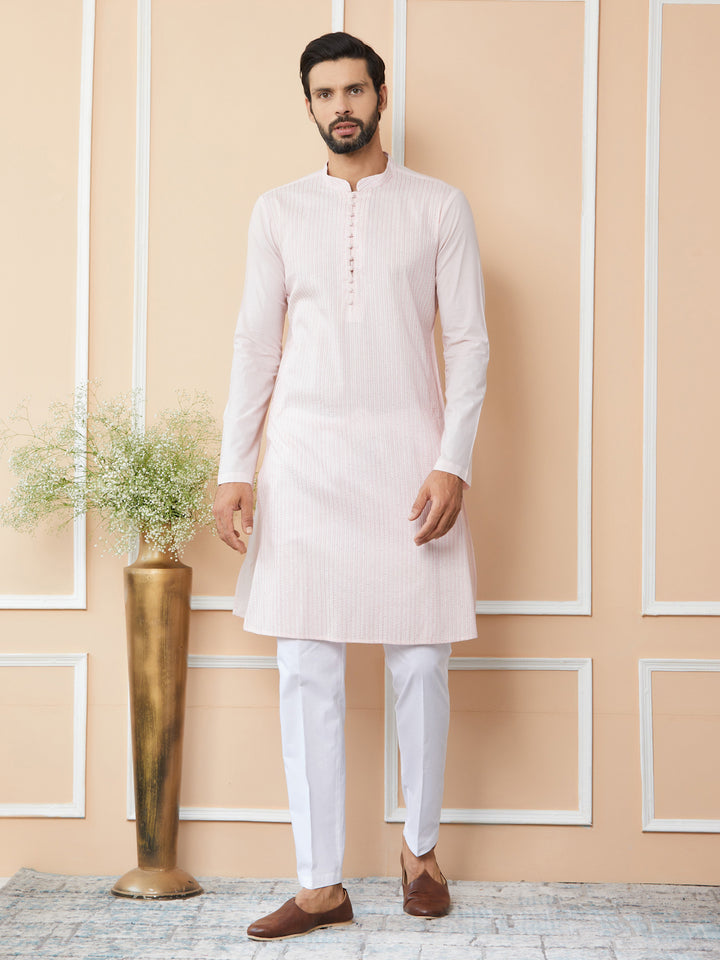 Light Pink Thread & Sequin Worked Pure Cotton Straight Kurta