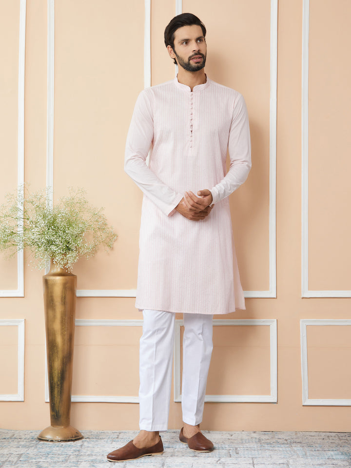 Light Pink Thread & Sequin Worked Pure Cotton Straight Kurta