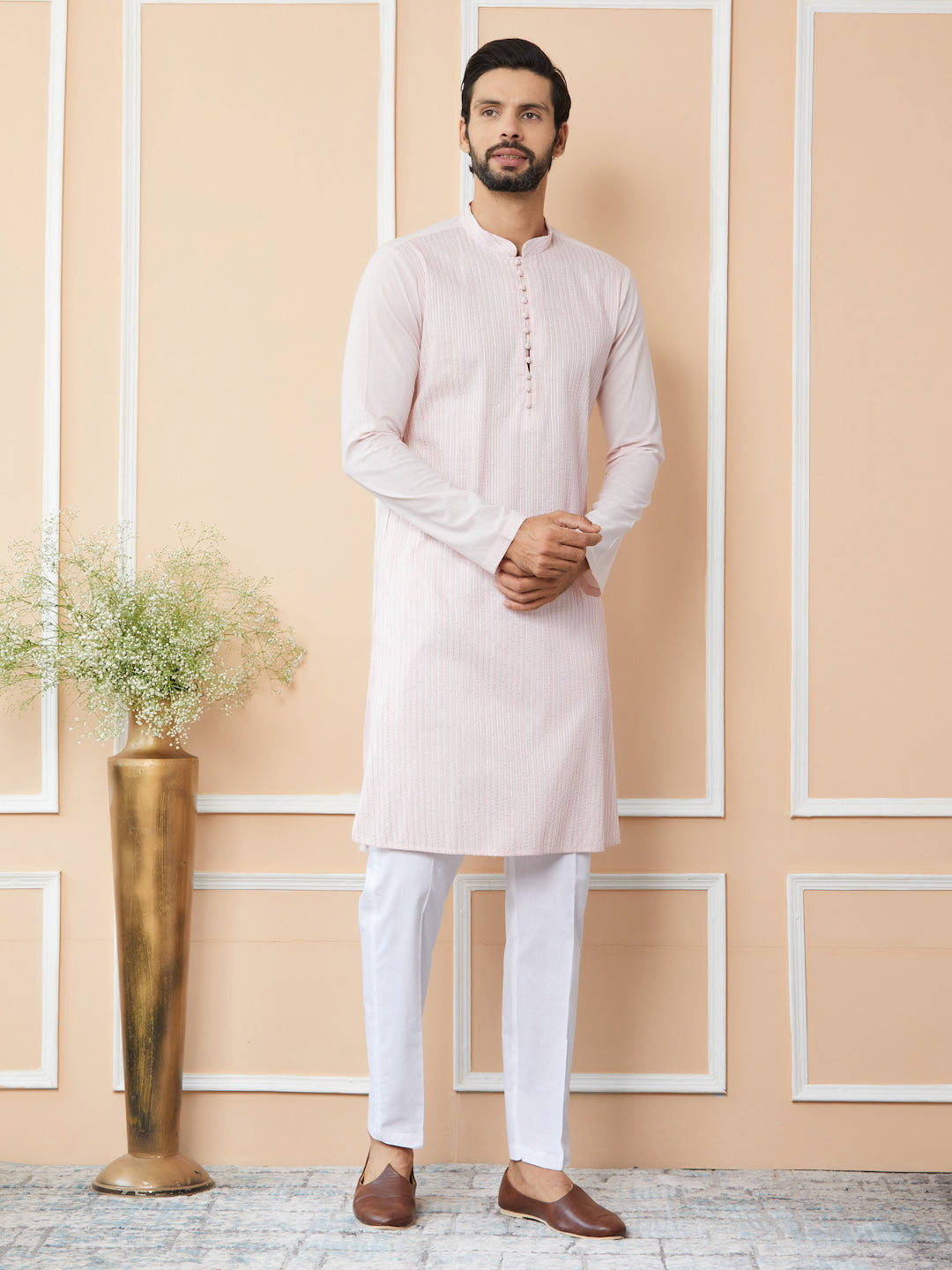 Light Pink Thread & Sequin Worked Pure Cotton Straight Kurta