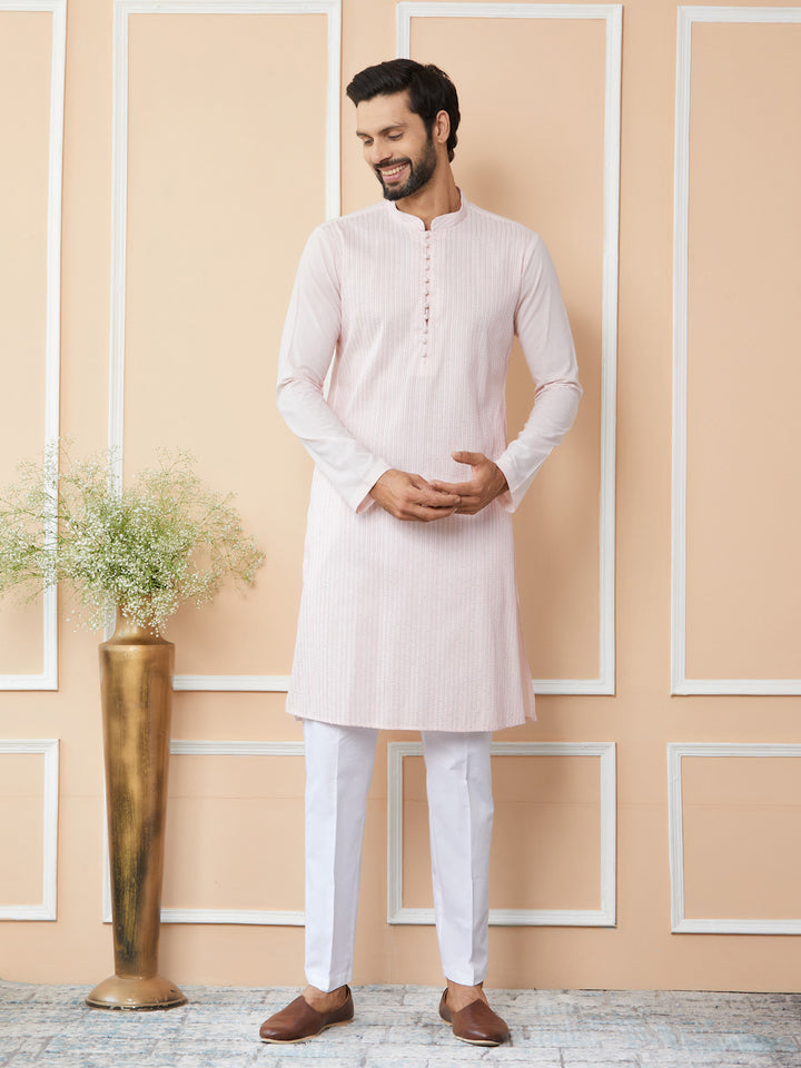 Light Pink Thread & Sequin Worked Pure Cotton Straight Kurta