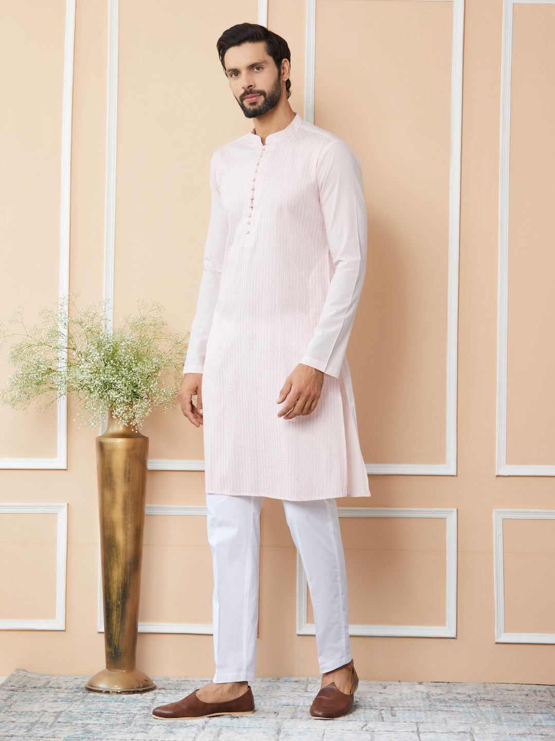 Light Pink Thread & Sequin Worked Pure Cotton Straight Kurta