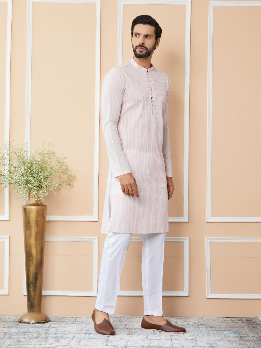 Light Pink Thread & Sequin Worked Pure Cotton Straight Kurta