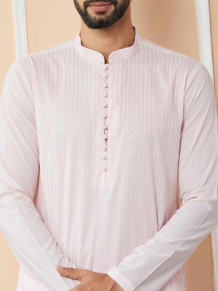 Light Pink Thread & Sequin Worked Pure Cotton Straight Kurta