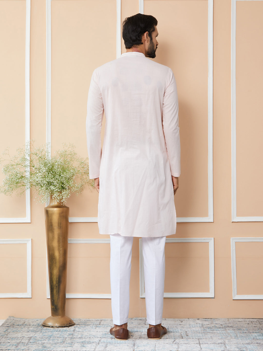 Light Pink Thread & Sequin Worked Pure Cotton Straight Kurta