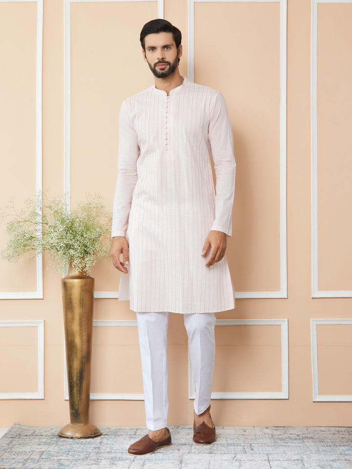 Light Pink Thread & Sequin Worked Pure Cotton Straight Kurta