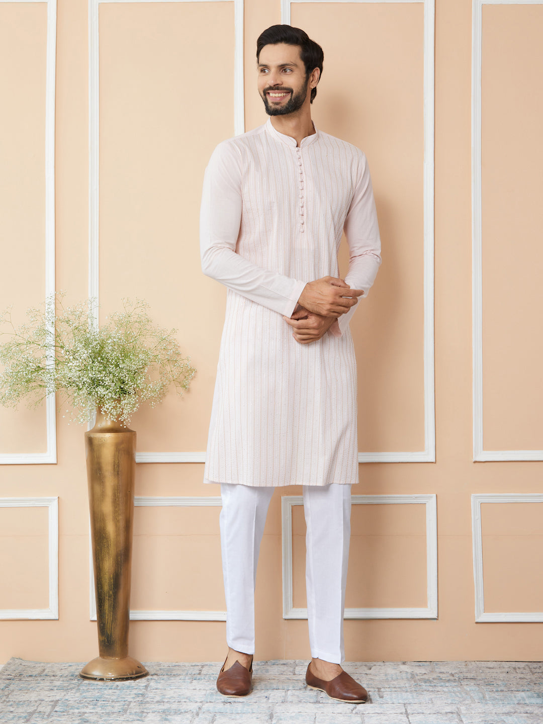 Light Pink Thread & Sequin Worked Pure Cotton Straight Kurta