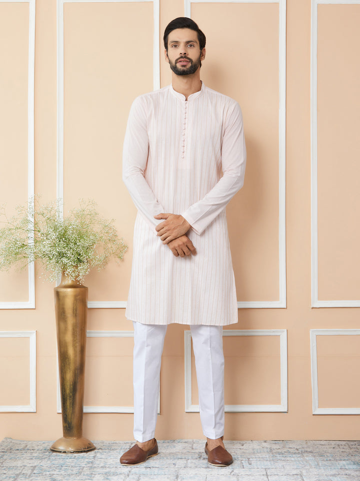 Light Pink Thread & Sequin Worked Pure Cotton Straight Kurta