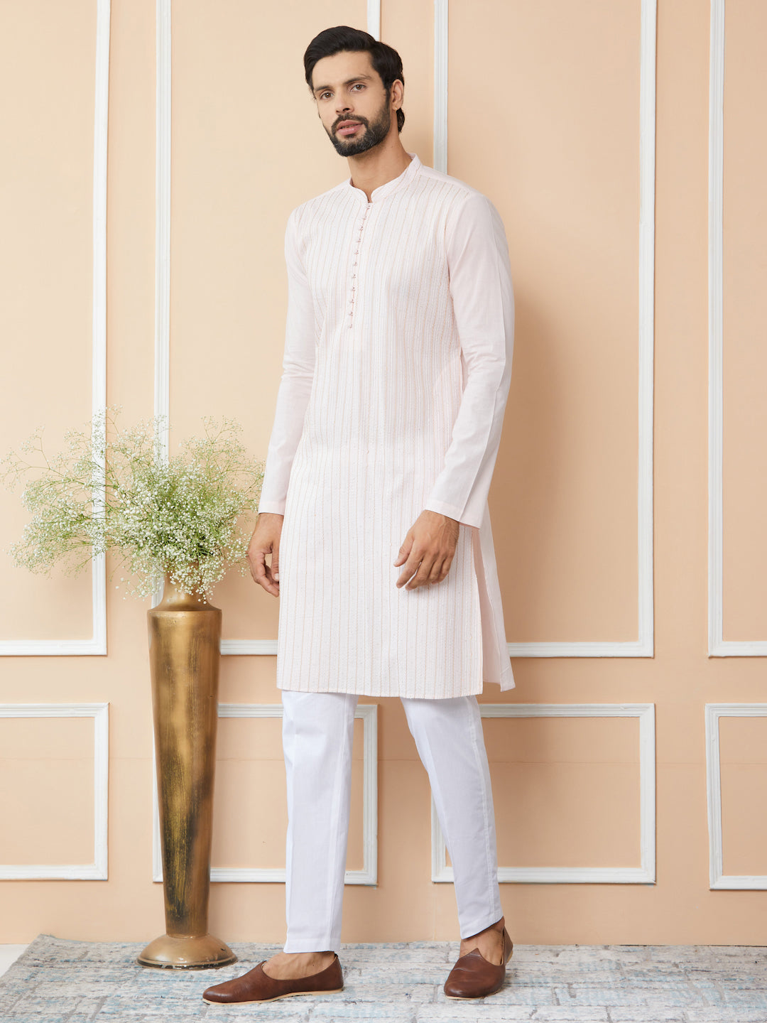 Light Pink Thread & Sequin Worked Pure Cotton Straight Kurta