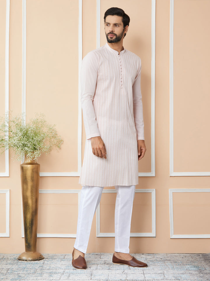 Light Pink Thread & Sequin Worked Pure Cotton Straight Kurta