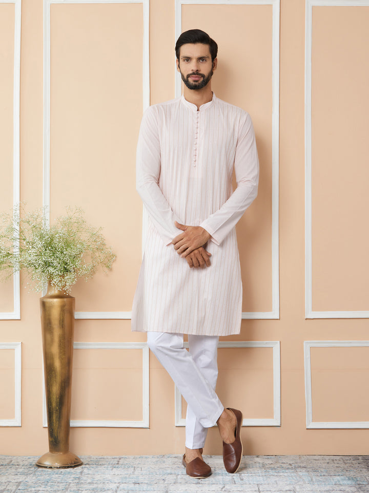 Light Pink Thread & Sequin Worked Pure Cotton Straight Kurta