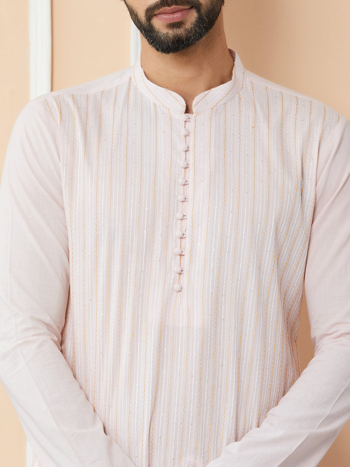 Light Pink Thread & Sequin Worked Pure Cotton Straight Kurta