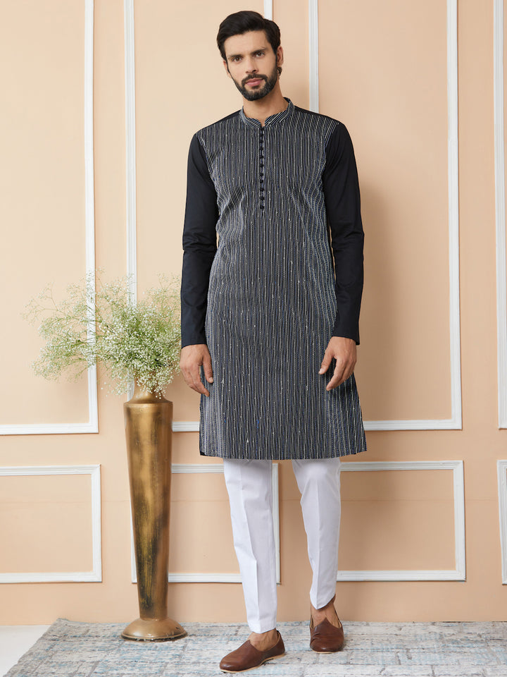 Black Thread & Sequin Worked Pure Cotton Straight Kurta