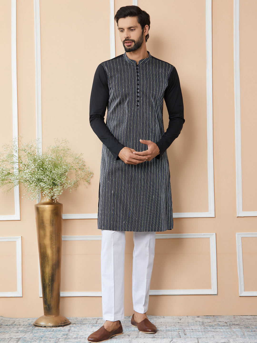 Black Thread & Sequin Worked Pure Cotton Straight Kurta