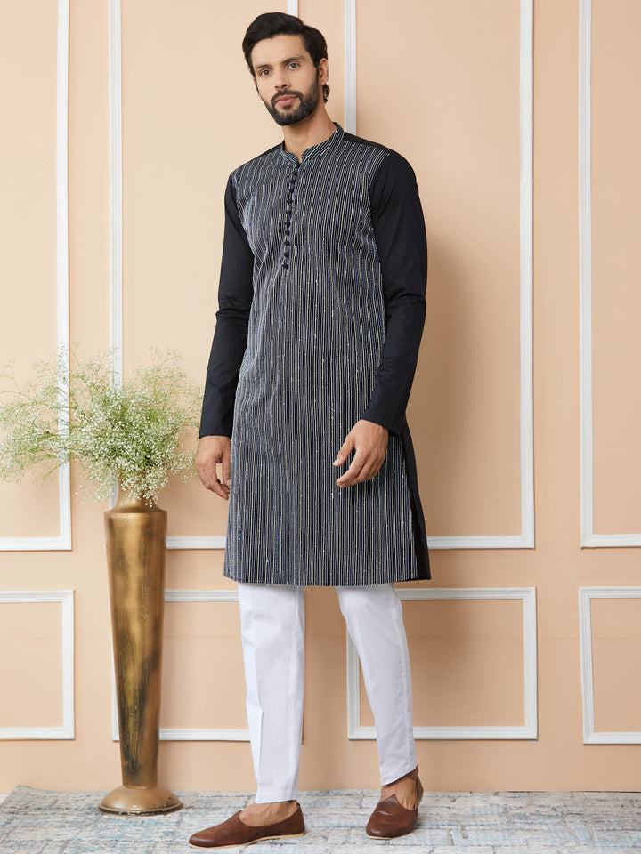 Black Thread & Sequin Worked Pure Cotton Straight Kurta