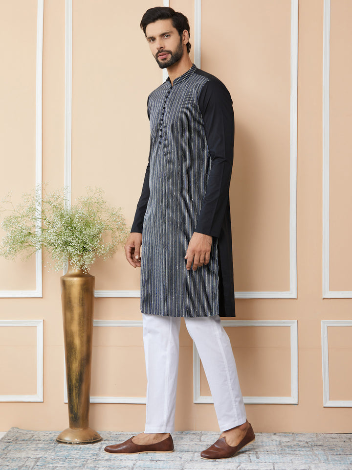 Black Thread & Sequin Worked Pure Cotton Straight Kurta