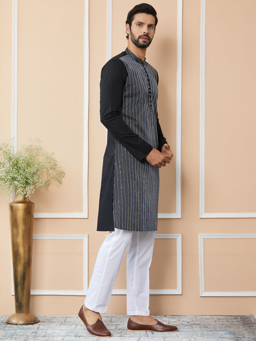 Black Thread & Sequin Worked Pure Cotton Straight Kurta