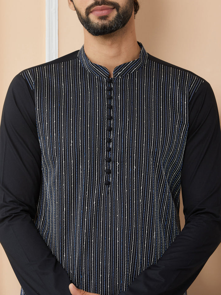 Black Thread & Sequin Worked Pure Cotton Straight Kurta