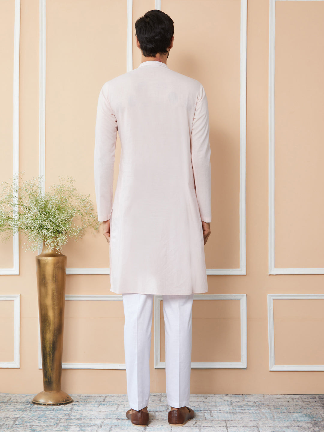 Light Pink Thread Worked Pure Cotton Straight Kurta