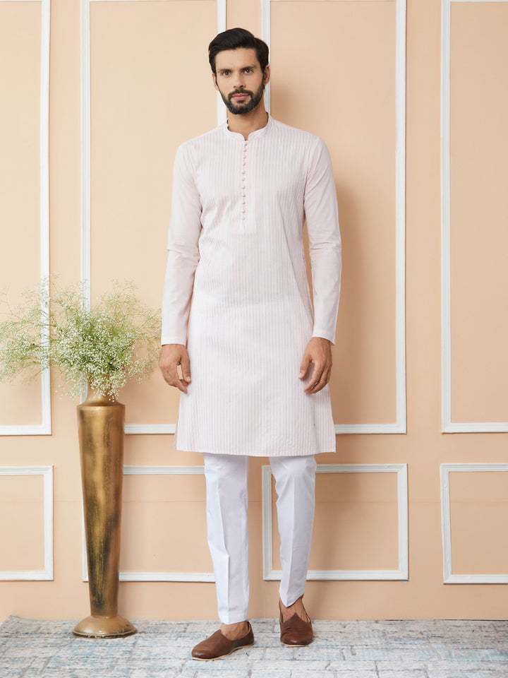 Light Pink Thread Worked Pure Cotton Straight Kurta