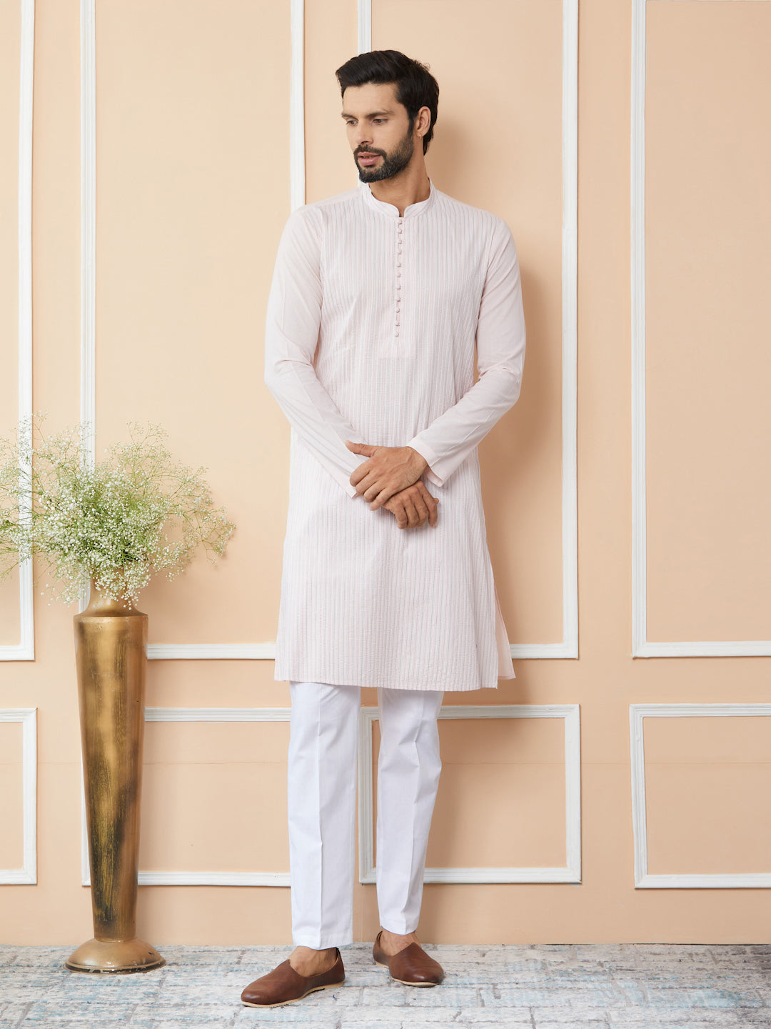 Light Pink Thread Worked Pure Cotton Straight Kurta