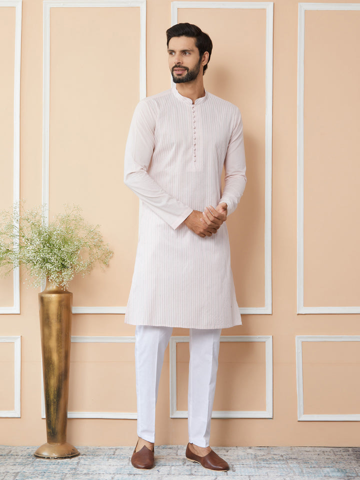 Light Pink Thread Worked Pure Cotton Straight Kurta with Pyjama