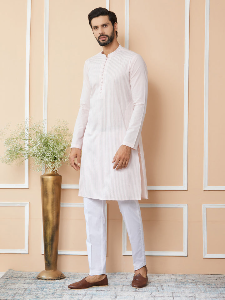 Light Pink Thread Worked Pure Cotton Straight Kurta