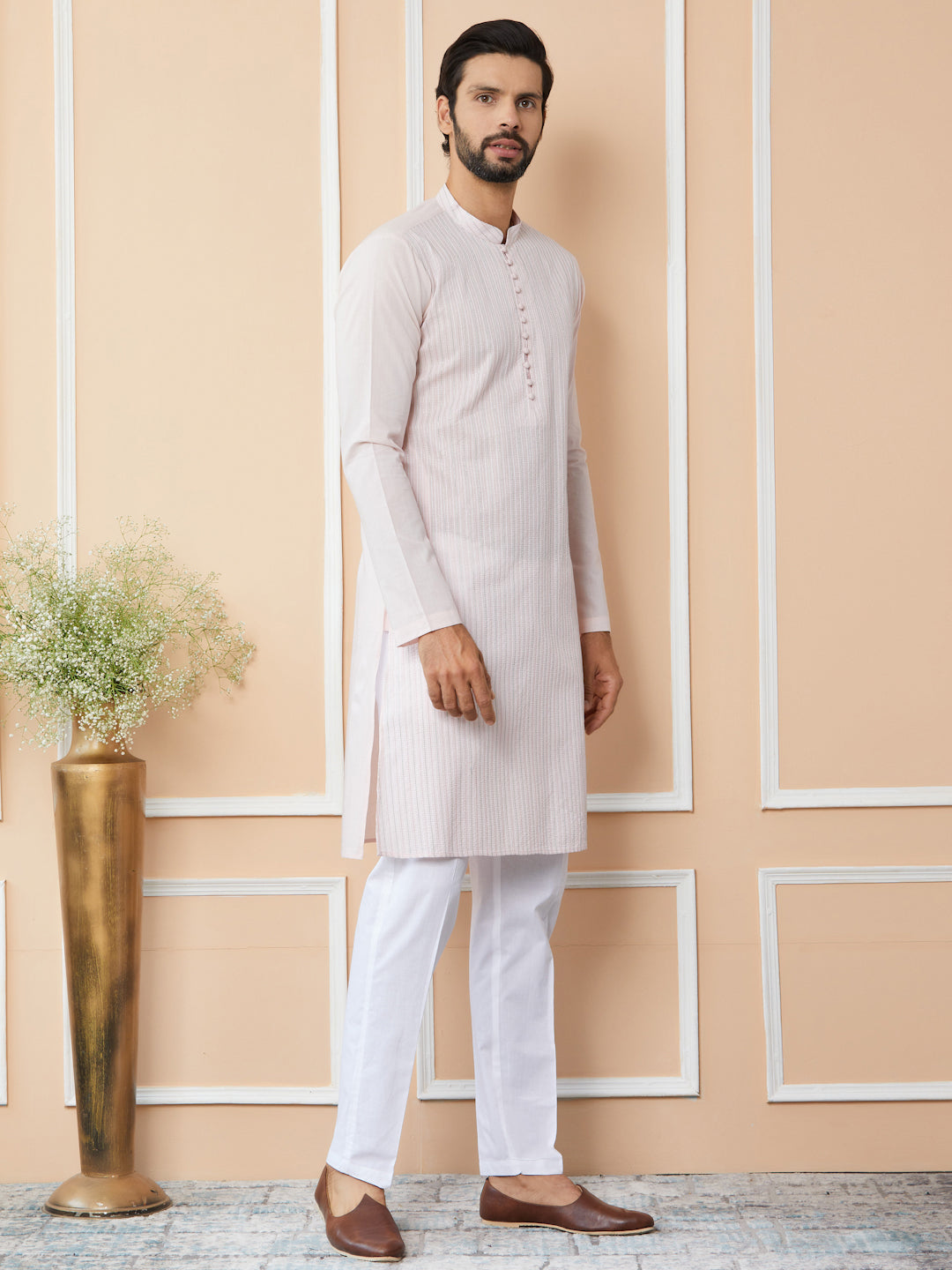 Light Pink Thread Worked Pure Cotton Straight Kurta