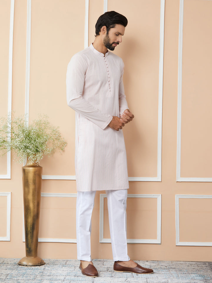 Light Pink Thread Worked Pure Cotton Straight Kurta